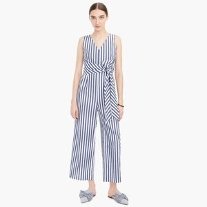 NWT J.Crew Wrap-tie jumpsuit in Blue And White striped stretch poplin Size 8